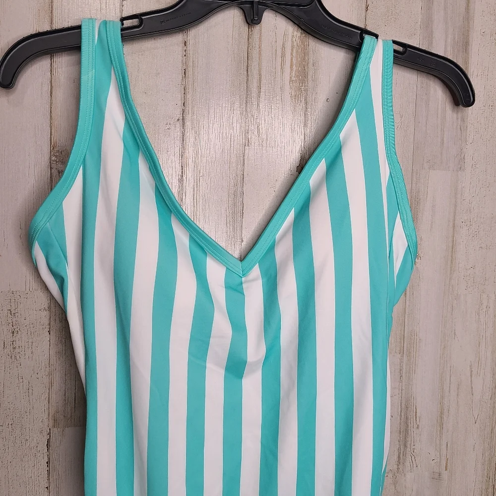 Kona Sol Aqua White Striped One Piece Swimsuit NWT Ladies Size Medium 8/10 - Picture 15 of 15